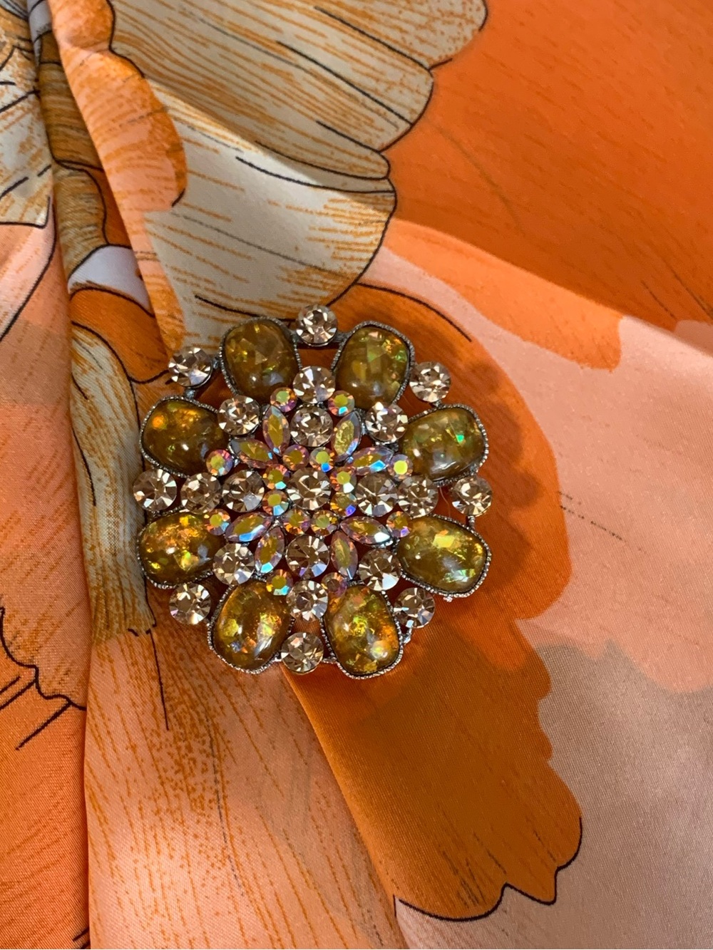 Vintage Cara multifaceted Floral Crystal Brooch in Amber Accents